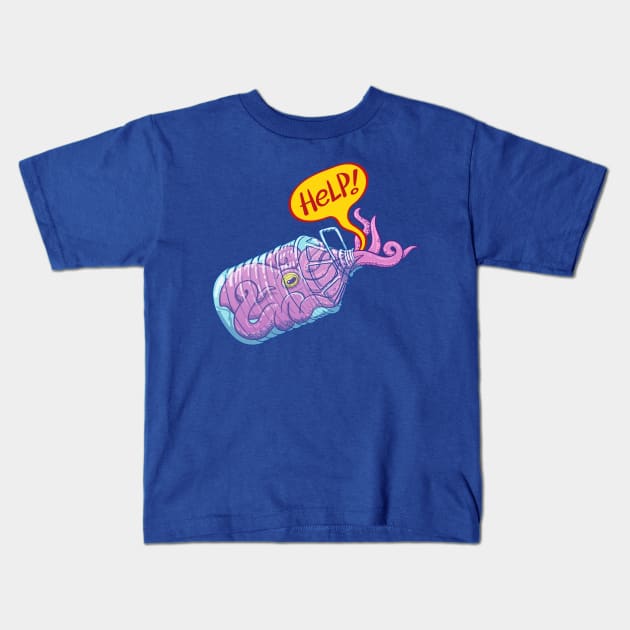 Worried octopus inside a plastic bottle asking for help Kids T-Shirt by zooco